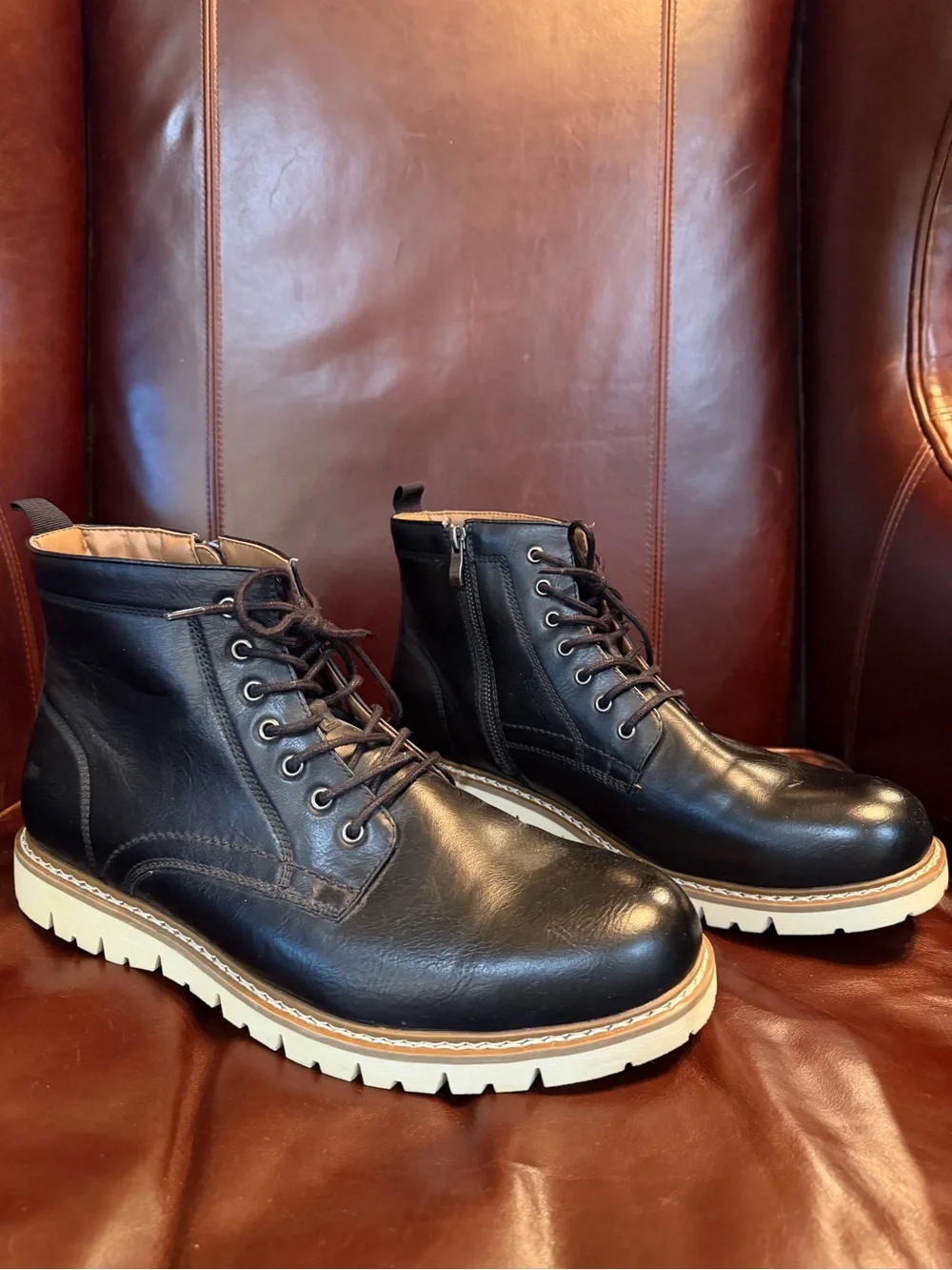 Men's Steve Madden Black Leather Lace-Up Boots, Side Zip with Cream Sole
